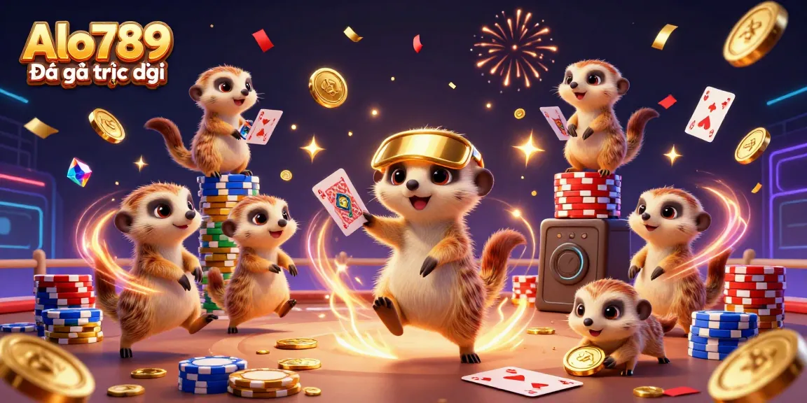 Alo789 Đá gà trực tiếp showcases a lively cockfighting arena with meerkats managing the thrilling bets amidst floating gold coins and cards.