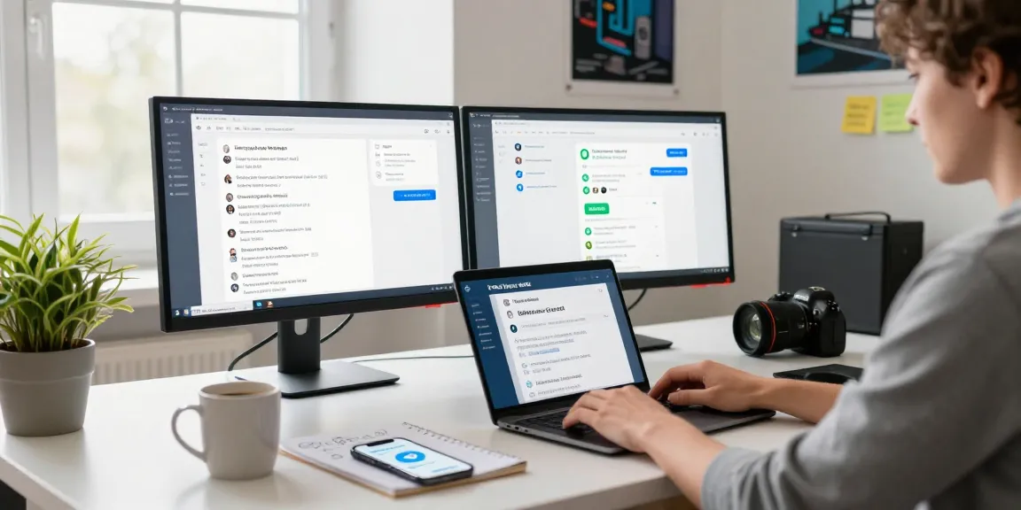 Dynamic workspace featuring the Telegram Web Version on dual screens, showcasing productivity in a tech-savvy environment.