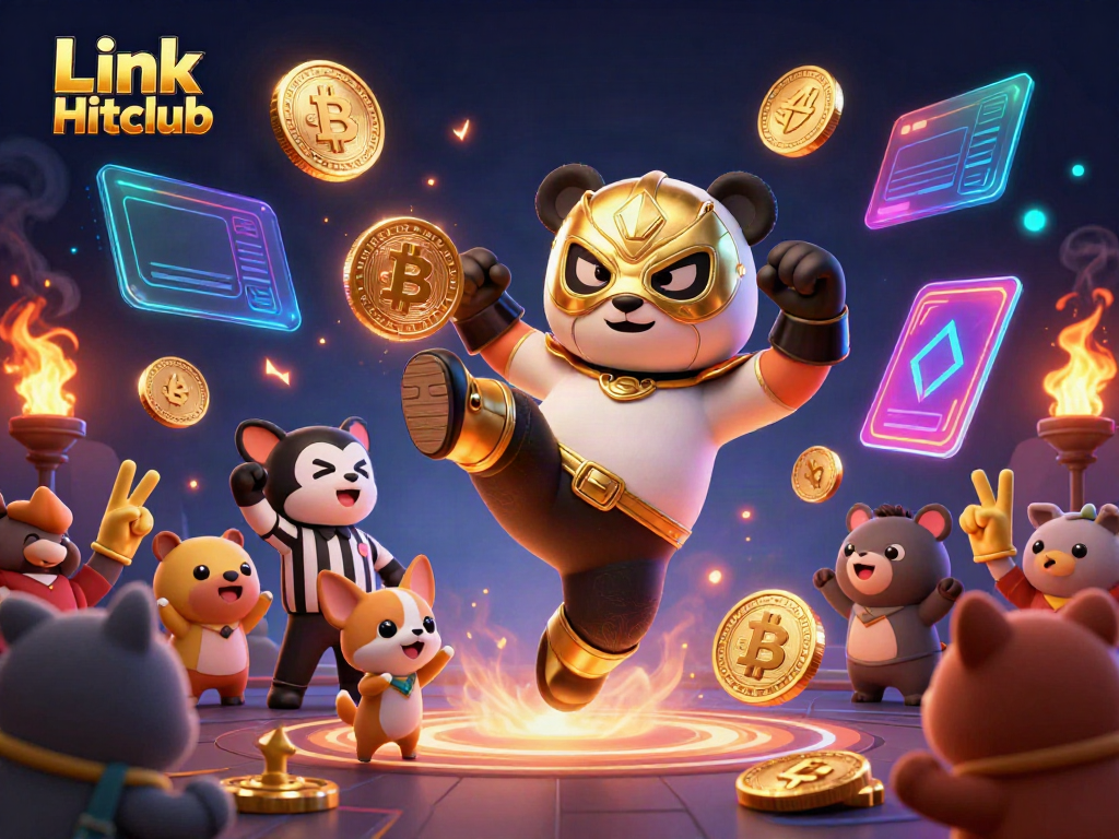 Join the excitement at Link Hitclub with a dynamic scene featuring a wrestler panda, cheering animals, and crypto elements.