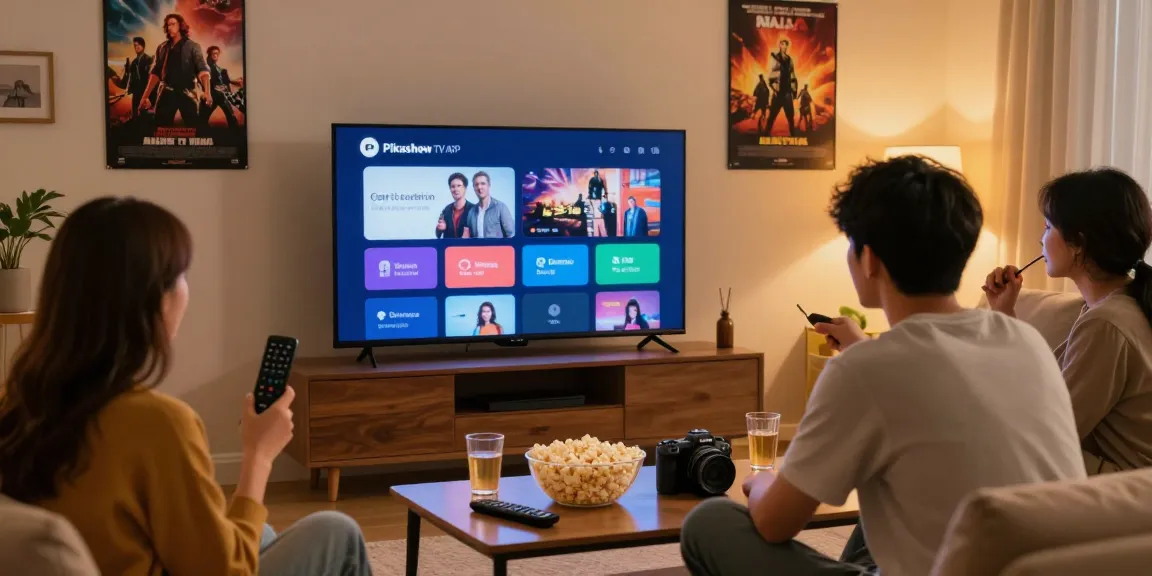 Pikashow TV APK in use during a lively movie night with friends, showcasing smart TV and warm ambiance.