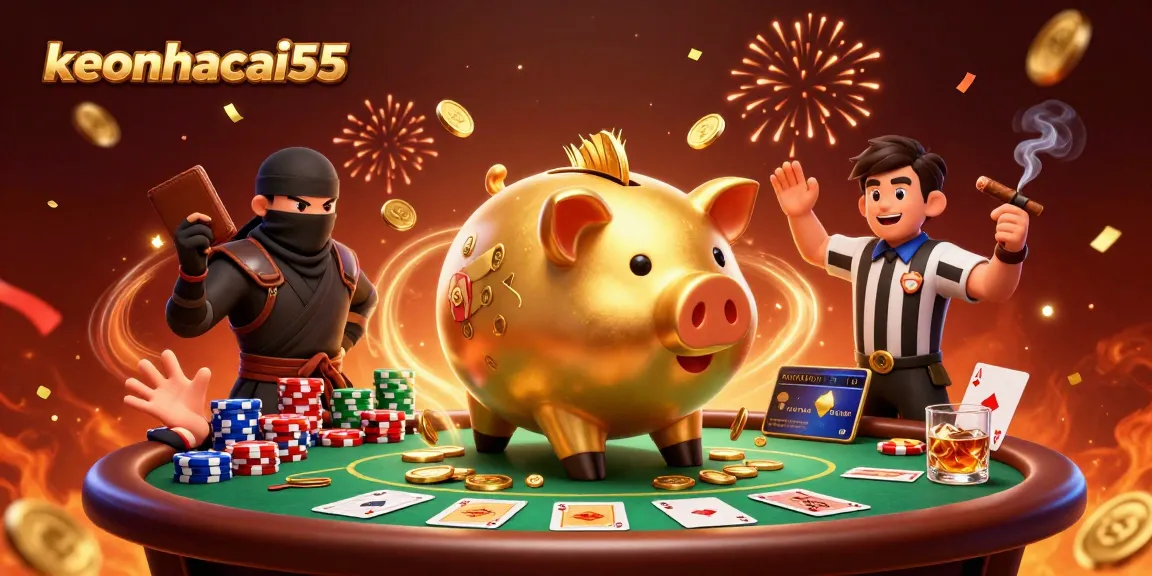 Engage in the thrilling world of keonhacai55 with a dynamic scene featuring a sumo wrestler piggy bank, wallet ninja, and credit-card samurai at a poker table.