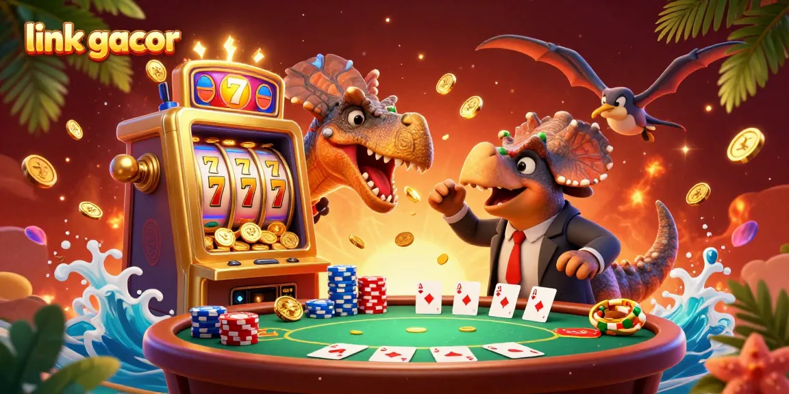 Experience thrilling jackpots at link gacor, featuring a dynamic scene of cartoon dinosaurs engaging with a slot machine.