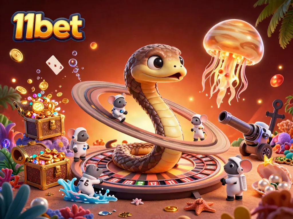 Experience thrilling cosmic gambling with 11bet featuring a Saturn ring snake and astronaut mice betting.