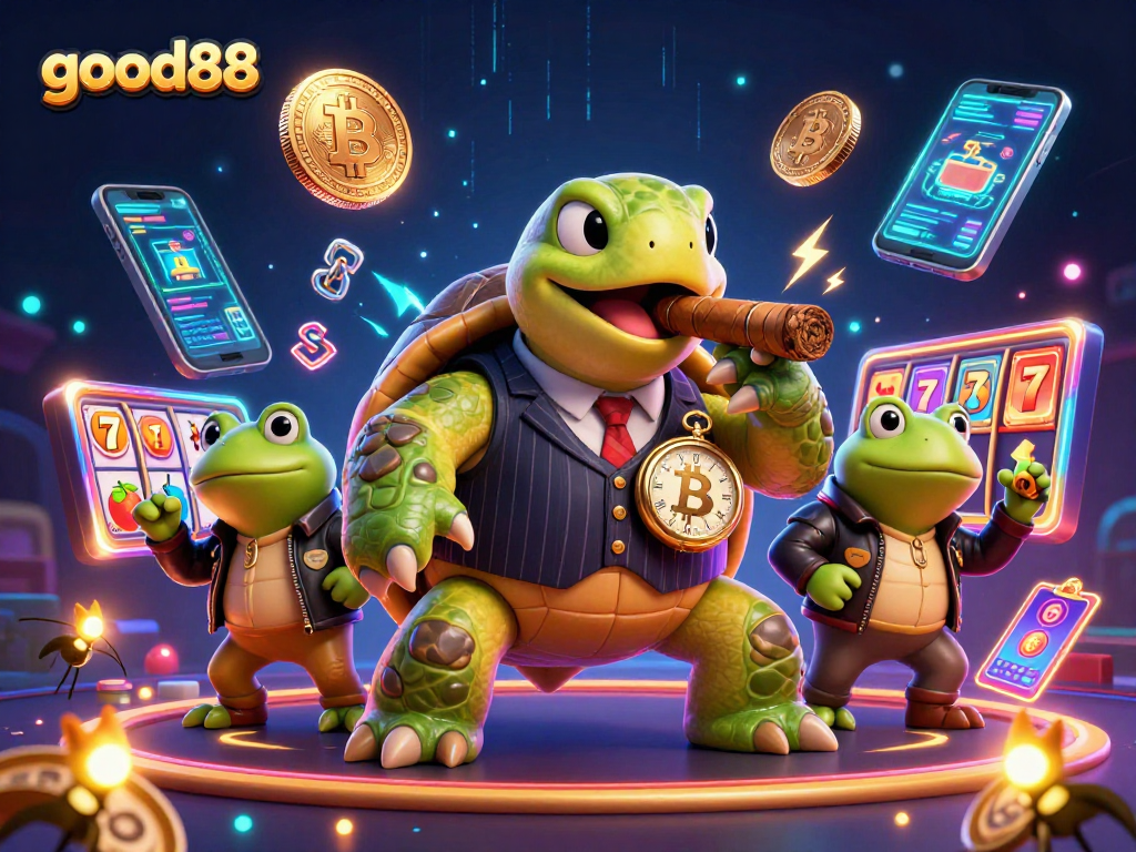 Play thrilling slots with good88 in an electrifying casino scene featuring animated characters.