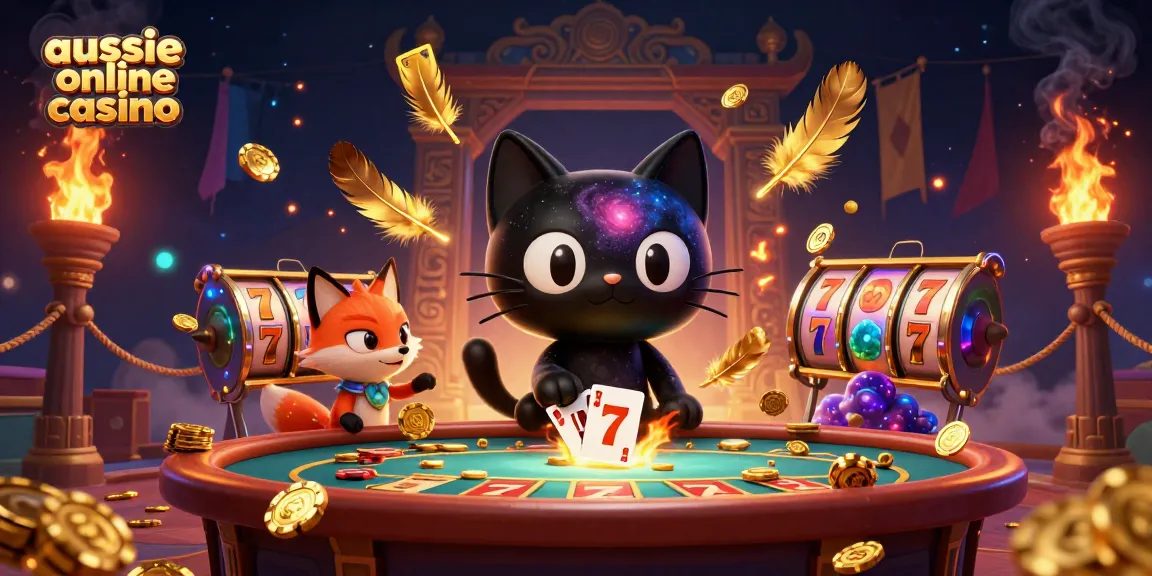 Aussie online casino scene with a cosmic cat and nebula fox, swirling casino elements