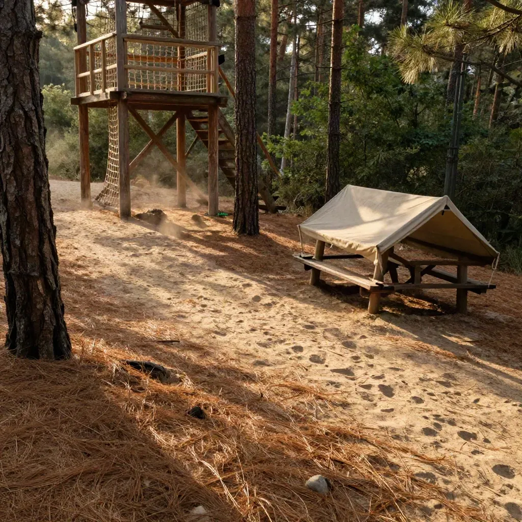 Bosrijke familielaan met zandpad, klimtoren en afgedekte picknickbank bij Camping De Paal