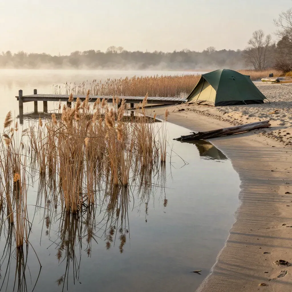 Ochtend aan het water bij Camping TerSpegelt met riet, steiger en safaritent in mist.