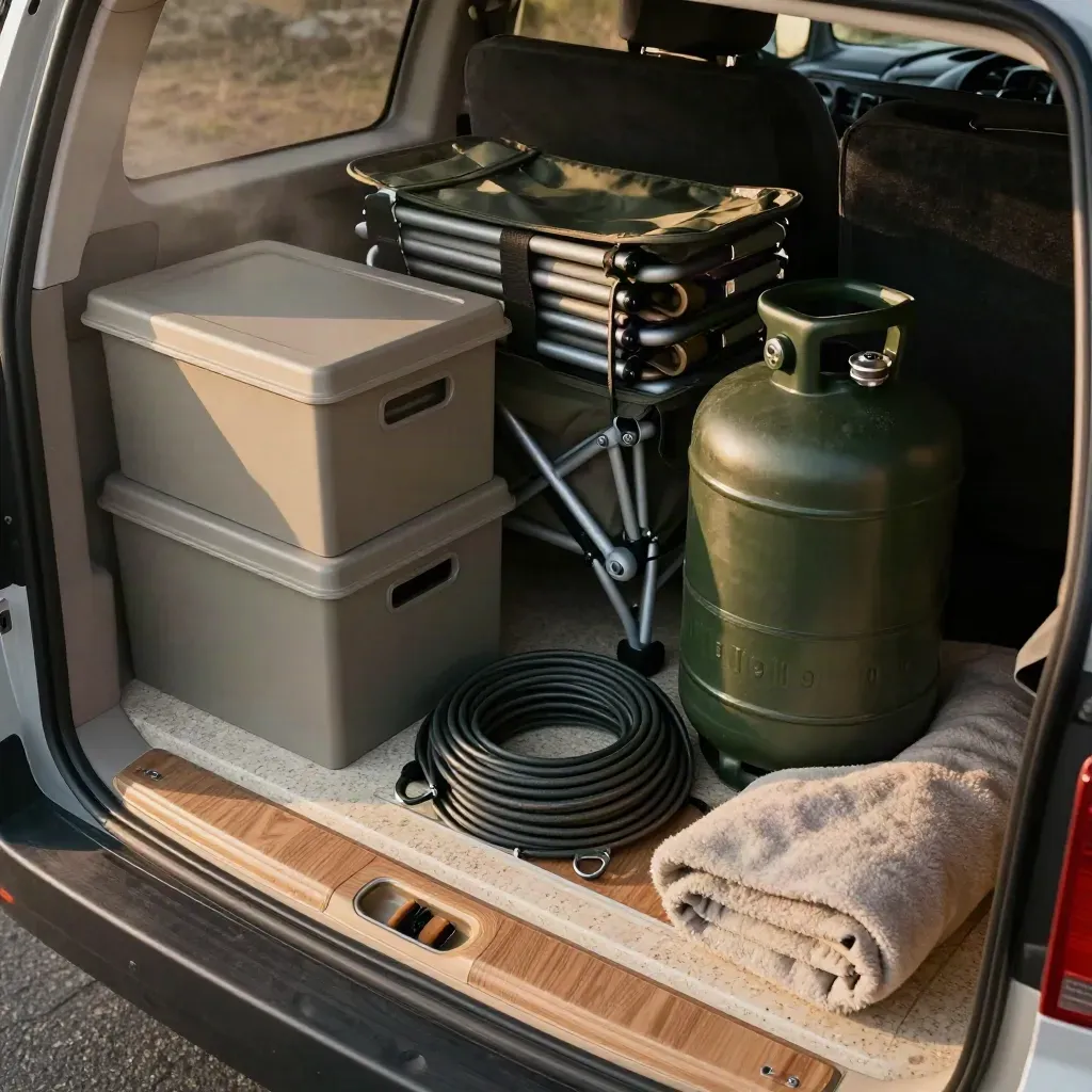 Open caravan achterin met opbergboxen, klapstoelen, gasfleshoes, kabelhaspel en deken klaar voor vertrek.