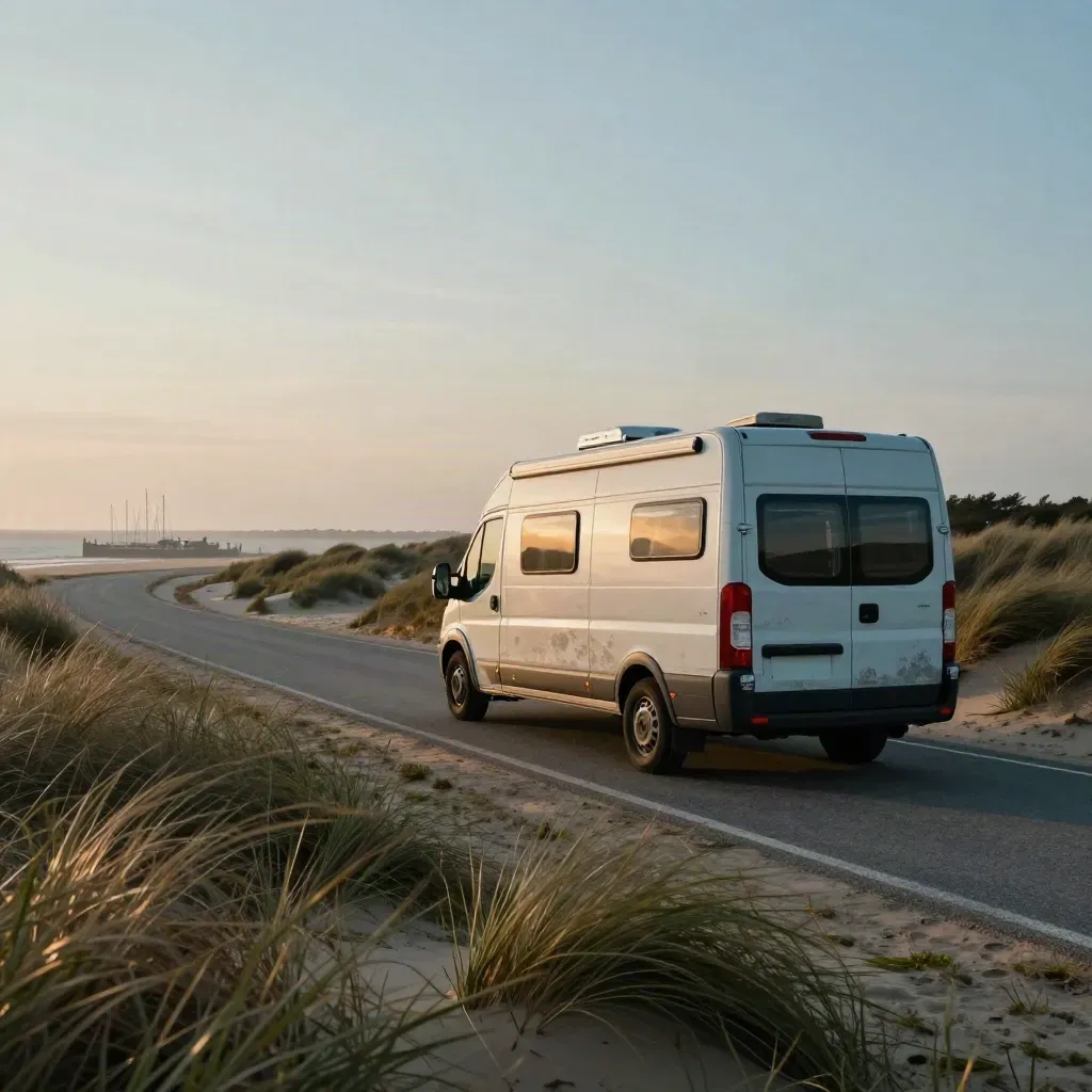 Camper rijdt langs duinen bij Zeeland met helmgras en een haventje in de verte.