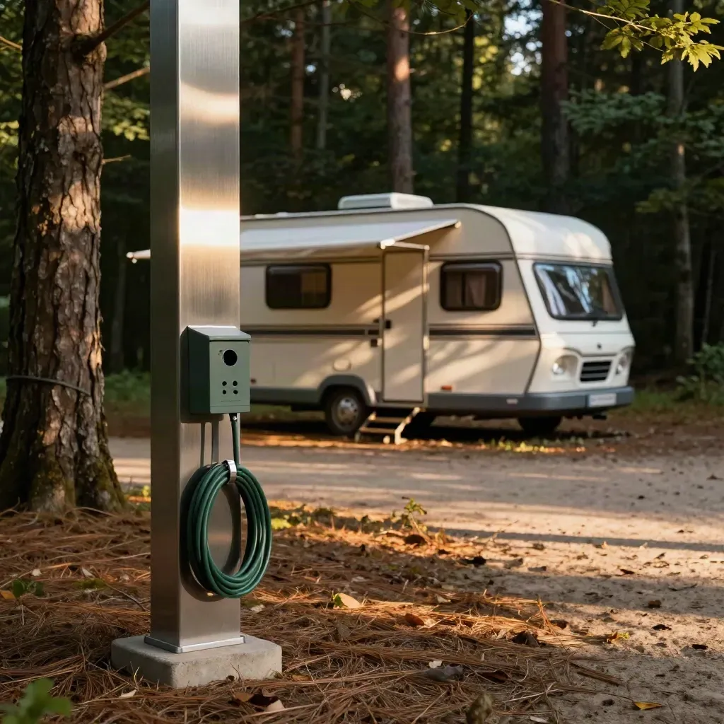 Schaduwrijke kampeerplek met stroompaal en caravan onder hoge bomen