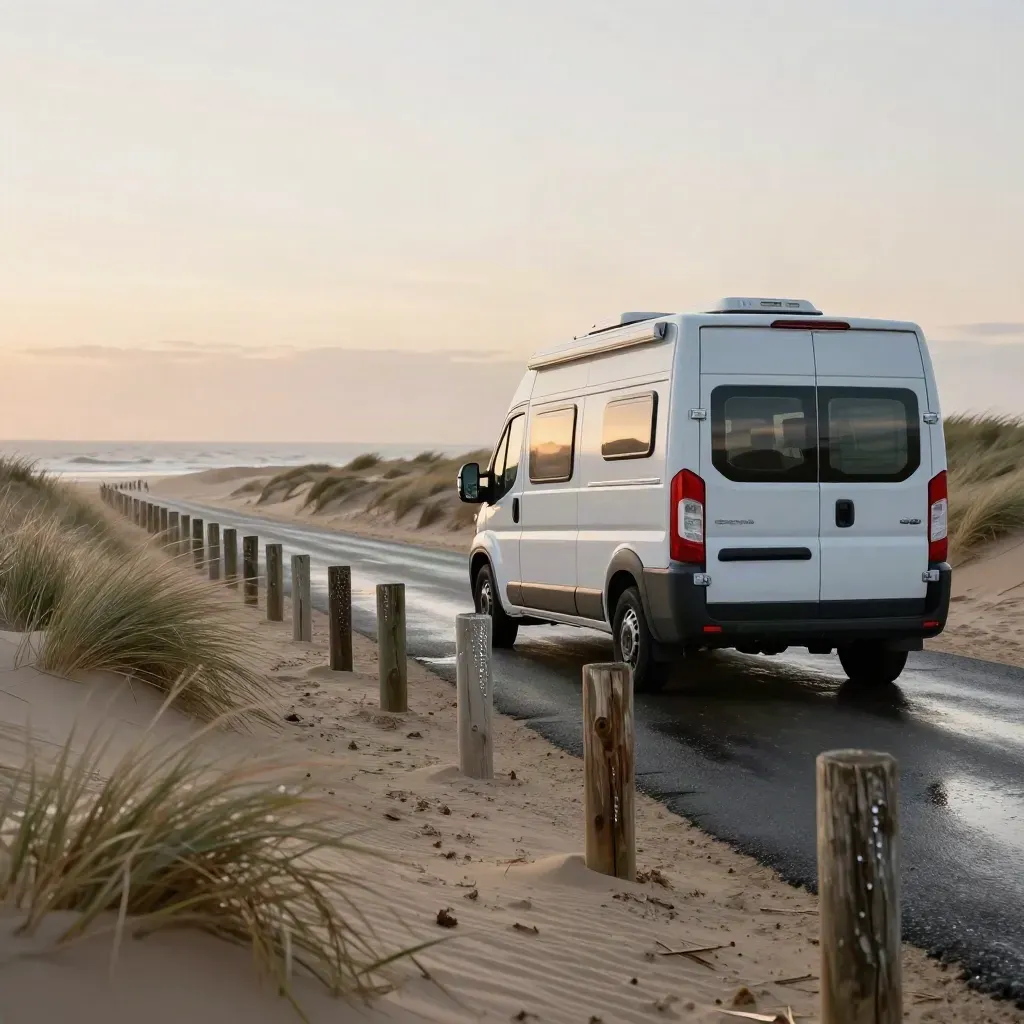 Campervan langs de kust bij duinen, met natte paaltjes en avondwind in de schemer.