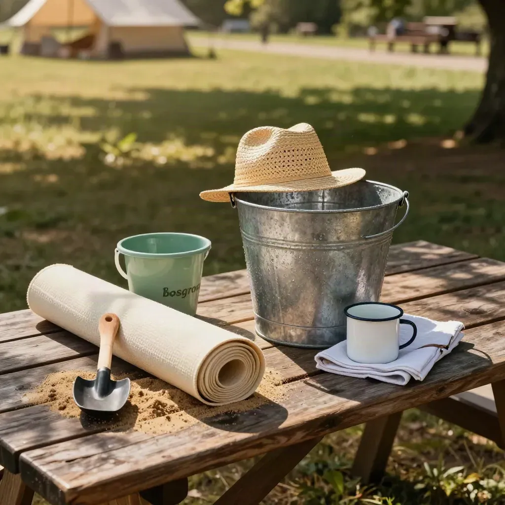 Schaduwrijke kampeertafel met emmer, zonnehoed, strandmat en schepjes in zomerse hitte.