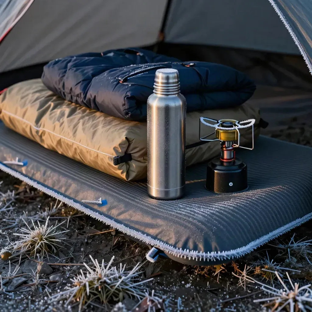 Winterkampeeruitrusting met mat, donsjas, thermos en brander in rijp ochtendlicht.