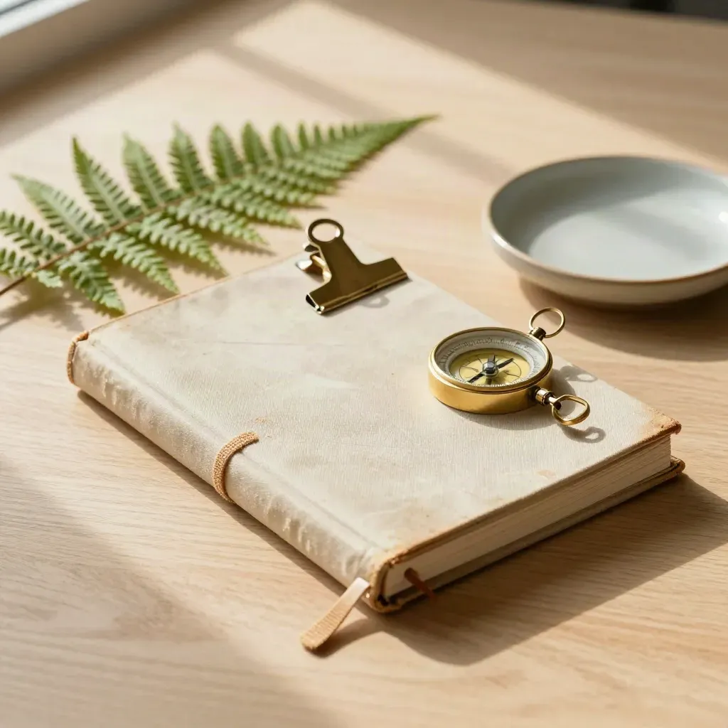 Campinglogboek met kompasclip, varen en keramisch schaaltje op een houten plank.