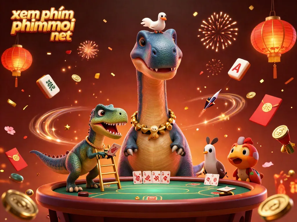 Engage with xem phim phimmoi net by witnessing an entertaining dinosaur-themed casino scene filled with vibrant activities.