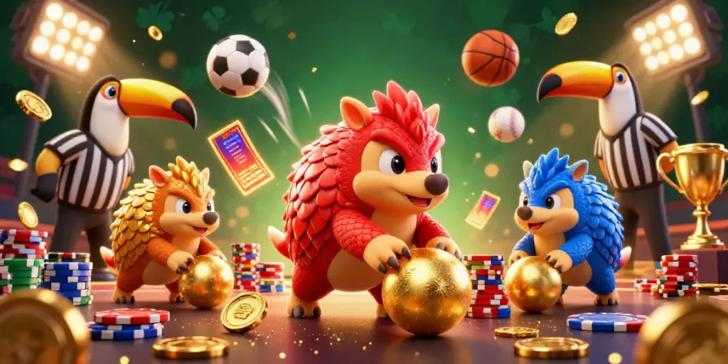 Compete with febet9 in a thrilling pangolin bowling game amidst glowing sports elements.