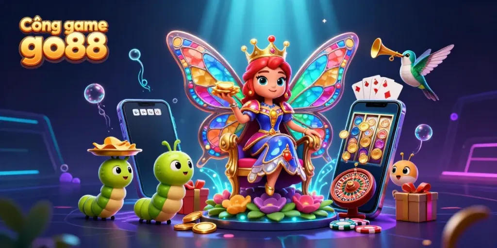 Experience the vibrant world of Cổng game go88 with a butterfly queen, game elements, and dazzling visuals.