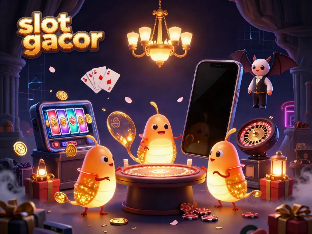 Experience the slot gacor excitement with glowing characters illuminating a vibrant casino scene filled with dynamic game elements.