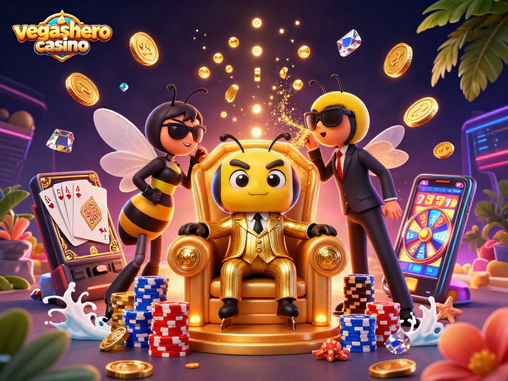Experience lucky winnings at vegashero casino with vibrant 3D illustration showcasing thrilling games.