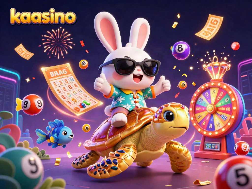 Kaasino features a lucky rabbit celebrating on a golden turtle in a vibrant casino-themed illustration.