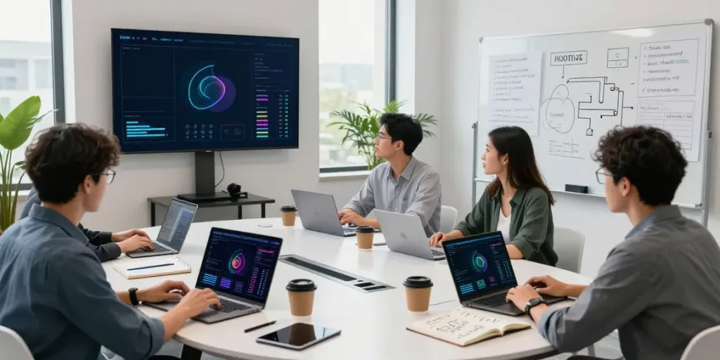 AI optimization team discussing strategies for LLM optimization in a modern workspace.